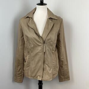 Lucky Brand Tan Lamb Leather Linen Moto Jacket Large Asymmetrical Zipper